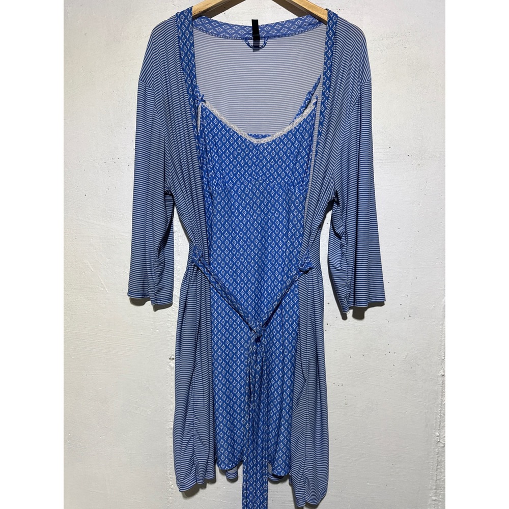 Laura Ashley Womens Blue Geometric Stripe Chemise Nightgown & Robe Set Size XL